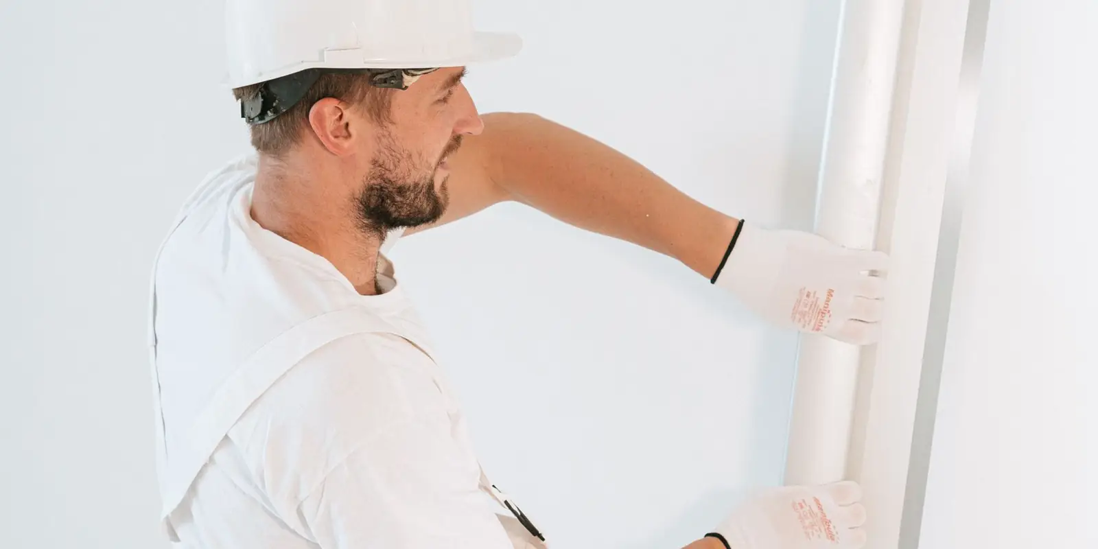 A worker fitting a board to a wall